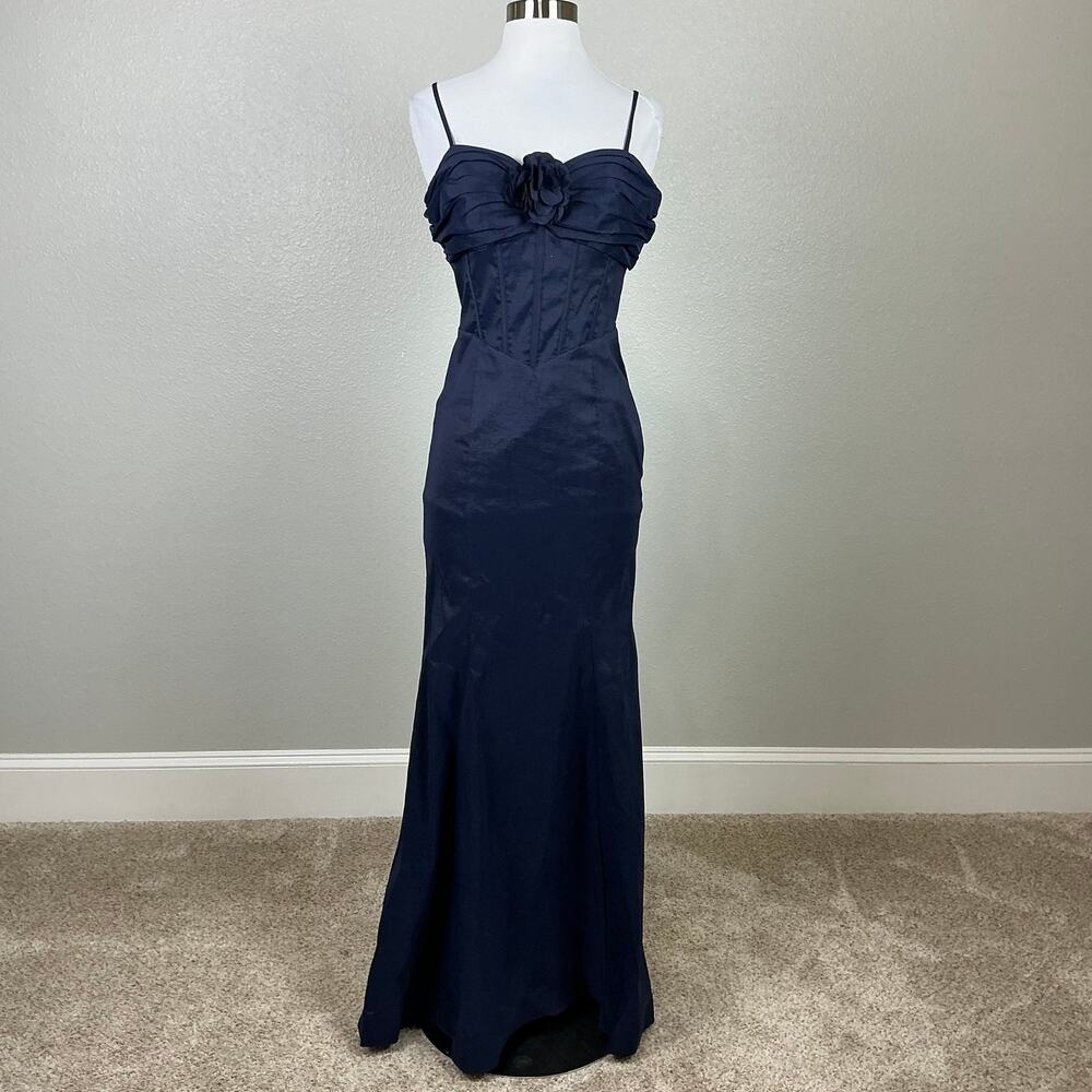Blondie Nites Navy Blue Evening Gown Satin Lace Up Formal Mermaid Dress Size 7 - Picture 2 of 12